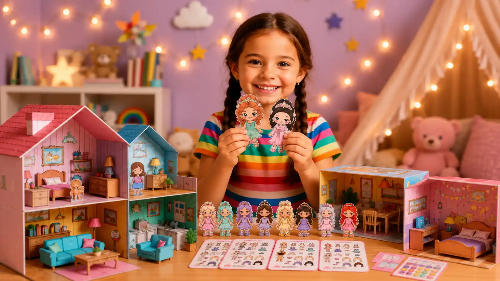 Aperçu complet du kit — poupées, tenues, maisons, meubles et accessoires